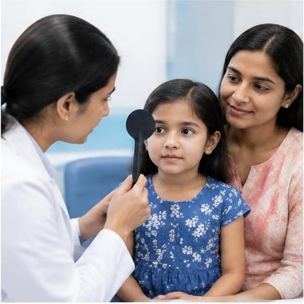 Child receiving a gentle eye alignment assessment