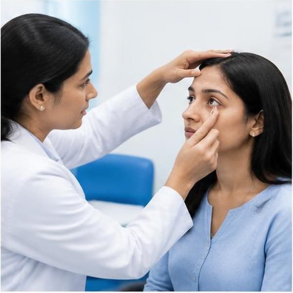 Eye specialist consulting with a patient about eyelid care